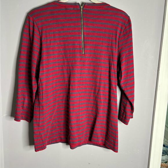 J. Crew Red and Blue Striped Top With Beaded Neckline 3/4 Sleeves Size Medium - Picture 6 of 7